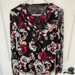 White House Black Market Tie-Neck Floral Long-Sleeved blouse Size S